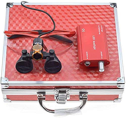 BoNew 3,5 x chirurgische Fernglas-Lupen, optisches Glas, 5 W LED-Scheinwerfer, leistungsstark, mit Filter zum Anklippen, Aluminiumbox (rot)