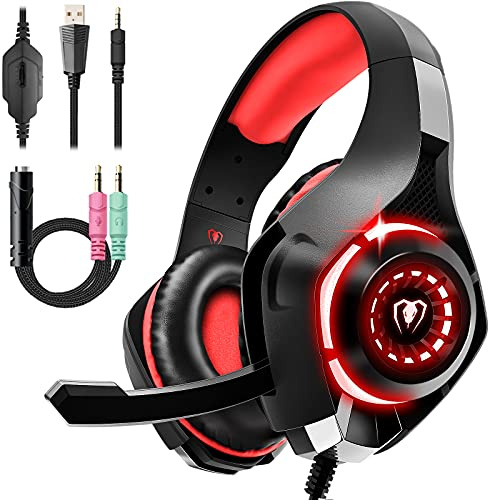 Tatybo Gaming Headset for PS4 PS5 Xbox One Switch PC with Noise Canceling Mic, Deep Bass Stereo Sound (Black Red)-1