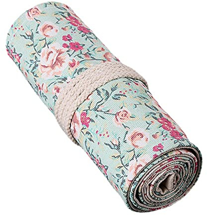 Anawakia Trousse en toile à enrouler, étui portable pour crayons, porte-crayons de voyage, trousse pour crayons de couleur, étui à crayons à rouler, sac organisateur (Fleur verte, 36 emplacements)