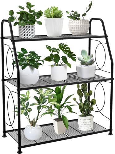VyGrow Plant Stand, 3-Tier Plant Rack for Indoor and Outdoor Use, Robust Metal Plant Stand Holder Shelf for Outdoor Use in Living Room, Balcony and Garden, Black