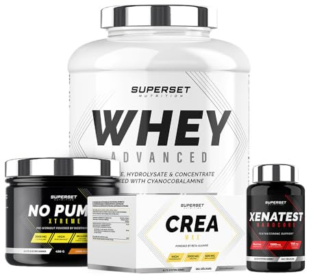 Superset Nutrition | Programme Prise De Muscle Sec Expert - 100% Whey Proteine Advanced 2kg Chocolat - No Pump Xtreme Long Island Icetea- Créa Max - Xenatest Hardcore