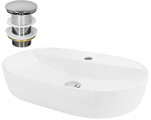 ML-Design Lavabo en Céramique, Blanc, 60x40x12, Forme Ovale, avec Garniture de Vidage, Vasque á Poser, Design Moderne, Lavabo à Main, Lavabo de Comptoir Élégant, pour Salle de Bain/WC d'Invités