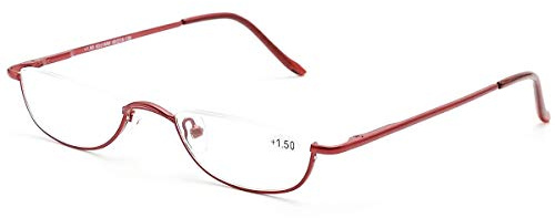 KoKoBin Unisex Lesehilfe Half Moon Halbrandrahmen aus Metall Federscharnier ultradünne Lesebrille(Rot，+3.0)