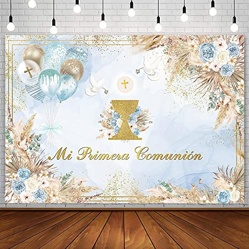 AIBIIN Toile de fond bohème pour baptême de garçon, 2,1 x 1,5 m, bannière de calice pour communion, baptême, communion, baptême, communion, bannière « God Bless First Holy Communion », bleu