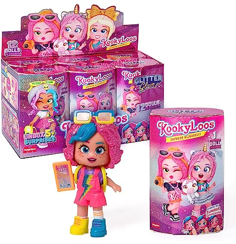 KOOKYLOOS Serie Glitter Glam – Caja con 6 muñecas KookyLoos coleccionables con Accesorios de Moda, Ropa, Zapatos y Juguetes, con 3 Expresiones Divertidas. Versión A