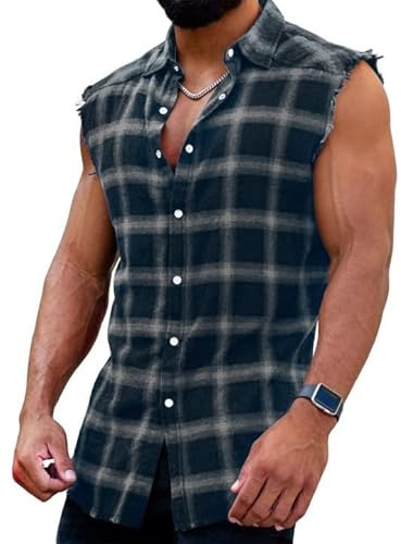 Camisa sin mangas para hombre, a cuadros, sin mangas, corte regular, camisa de franela, camisa de algodón, camiseta de verano, camiseta de manga larga, camiseta de ocio, camisa de vestir, A: Negro