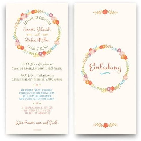 40 x Einladungskarten zur Hochzeit individuelle Hochzeitseinladungen selbst gestalten - Blumenkrone