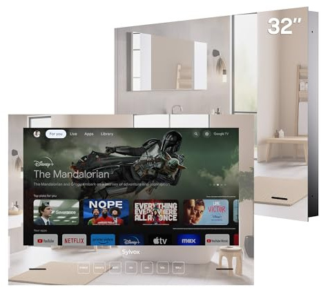 SYLVOX 32 Inch Bathroom TV, 1080P 12V Smart Magic Mirror TV IP65 Waterproof | Works with Google TV, Touch Button, 500 Nits, Dual Speakers, Waterproof TV for Bathroom Hotel Bathtub Sauna (Embedded)