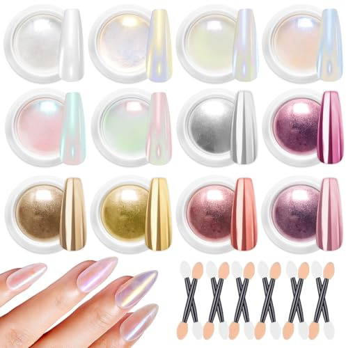 BISHENGYF Chrome Nail Powder Set – 12 Farben Upgrade Perle & Rose Gold Chrome Pulver Nägel, Metallic Spiegel Effect Laser Nail Art Pulver Glitter Maniküre Dekoration Powder mit Schwamm Sticks