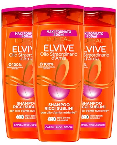 L'Oréal Paris Elvite, außergewöhnliches Öl d'Amla Shampoo für Locken, nährend, gegen Frizz, für trockenes Haar, 3 Flaschen à 400 ml