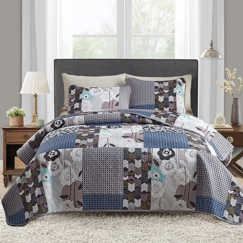 3-teiliges Patchwork-Steppdecken-Set für Doppelbett/Queen-Size-Bett, blau-weißes Blumenmuster, Bauernhaus-Tagesdecke, Überwurf-Set, weiche Mikrofaser, wendbar, leicht, Bettbezug für alle Jahreszeiten