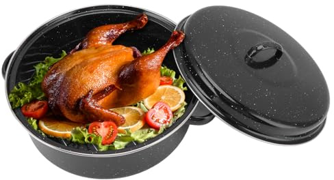 Self Basting Enamel Roaster, Multi Use Granite Roasting Pan with Rack Dutch Oven with Lid Basting Roaster Tin Roaster Pot Casserole Dish for Baking, Roasting, Turkey(28cm)
