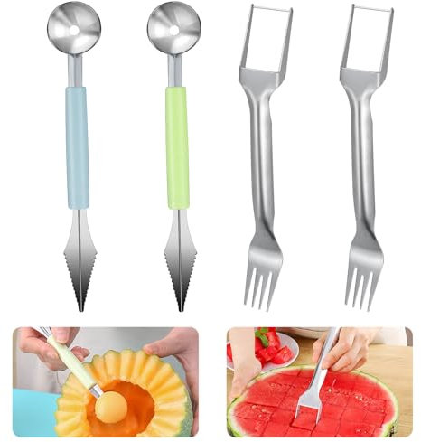 Gcffom 4 STK Melonenschneider, Wassermelonen Schneider, 2-In-1 Wassermelonen Gabelschneider, Melonenausstecher Aus Edelstahl für Die Küche, Familienfeier, Camping