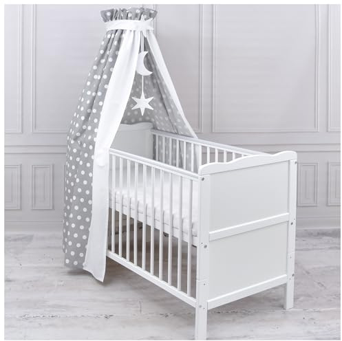 Generisch Baby Delux Babybett Himmel Betthimmel Baumwolle Baldachin für Babybett Kinderbett Wiege Stubenwagen Himmelstange Sterne Mond Applikationen Deko (Grey Dots, mit Himmelstange)