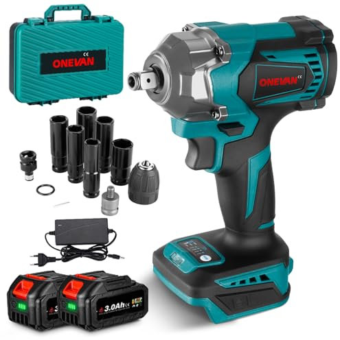 ONEVAN Akku Schlagschrauber, Bürstenloser Schlagschrauber Elektrisch, 700NM 4-Gang Drehschlagschrauber Impact Wrench für Auto Reifenwechsel (Blau, Mit 2 Akkus & 12-Zubehörset)