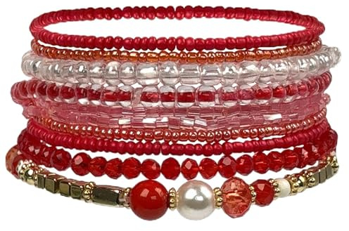 APMGONT Bohemian Beaded Multi-Layer Armbänder Set - Stackable Stretch Strand Crystal Bangles - Boho Handmade Schmuck Geschenke für Frauen Mädchen (Rot)