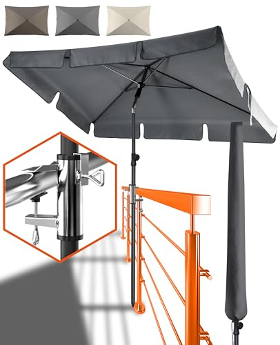 SunnyShade Plus - Anthrazit Sonnenschutz Balkon SET mit UV50+ Sonnenschirm rechteckig 200x125cm, Schutzhülle und Halter für Balkongeländer