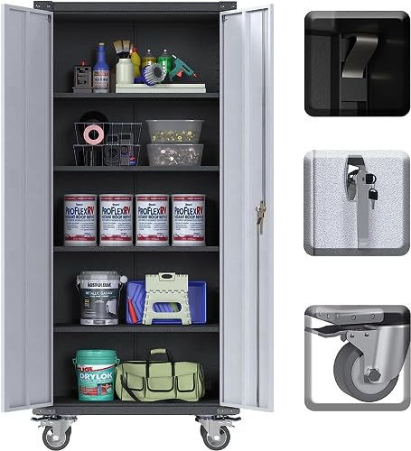 SUPEER Metallschrank mit Abschließbare Räder und 4 höhenverstellbaren Fachböden,Stahlblech Pulverbeschichtung,Stahlschrank Abschließbar für Werkzeuge,Garage183 x 80 x 40 cm（Silbergrau）