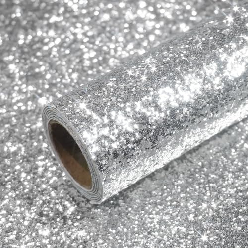 VEELIKE Silberne Klobige Glitzer Tapete Selbstklebend Glitzerfolie Chunky Glitzer Deko Wohnzimmer 40cmx300cm Klebefolie Glitzer Tapeten Schlafzimmer Dekorfolie Festliche Party Dekoration Abnehmbar