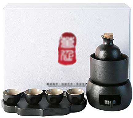 Nuovo set per sake con scaldavivande, set caldo in ceramica da 9 pezzi incluso 1 fornello per candele, 1 tazza riscaldante, 1 pentola per sake, 4 tazze per sake, 1 portacandele e 1 vassoio, Nero