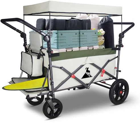 TOPWELL Carro plegable con techo y frenos, carro de transporte, plegable, ruedas sólidas de poliuretano, capacidad de carga de hasta 120 kg (verde/beige)