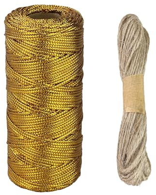 100 m di nastro in oro, 100 m, filo dorato per uncinetto, filo oro per uncinetto, con corda di canapa naturale da 10 m, per lavori di bricolage, matrimoni, decorazioni o imballaggi