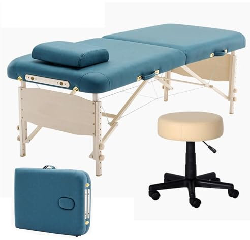 Massageliege Klappbar 70 cm Breit Holz Technologietuch Tattoo Liege Höhenverstellbar Klappbar Kosmetikliege mit Kopfstütze, Hocker und Bettdecke(Blue)