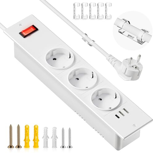 Enchufe retráctil con USB, 3 enchufes empotrables con USB C y 2 A, Enchufe de Mesa con Interruptor Principal, regleta con 3 USB, Cable de 1,5 m, Color Blanco con 5 Pinzas para Cables, para Cocina,