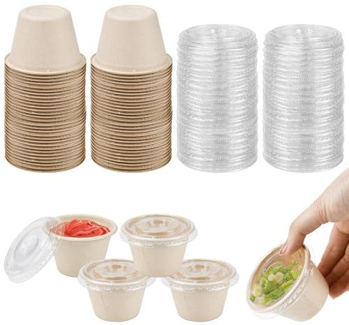 LPAMABA 50 Pz Piccoli Bicchieri di Carta per Salse,Contenitori Monodose per Salsa da Asporto da 100 ml,Mini Tazze per Campioni con 50 Pz Coperchi,Bicchieri di Carta per Snack per Salse Marmellate