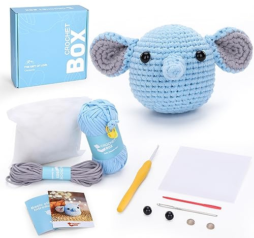 CrochetBox Komplettes Häkelset für Anfänger, Elefanten Häkelset, Video-Tutorial einbeziehen, Anleitung, Weiches Garn