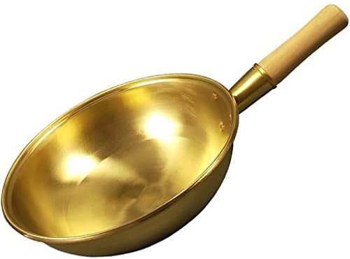 CHCWR Kupfer Wok Pfanne Kupfer Topf verdickter Holzgriff Banatpfanne Brass -Pfanne Kochgeschirr Kochkupferkocher (34 cm)