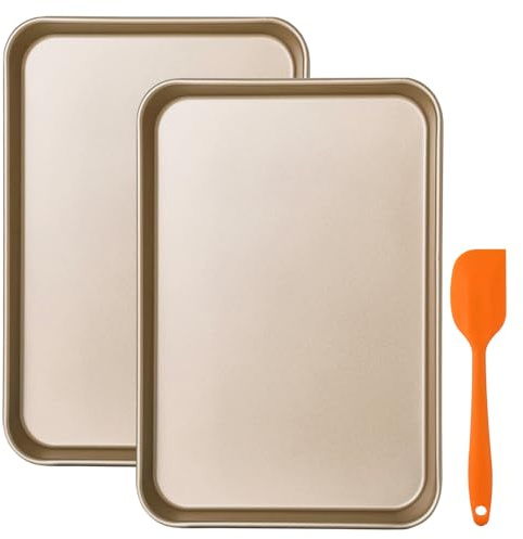 Shackcom Set di 2 Teglie da Forno, Tortiera per Forno,Teglia per Torte,Pentole Antiaderenti/Facili da Pulire e Salutari, 34,5 x 24,5 x 2,5 cm Piccola Teglia con Strumenti di Cottura - Oro