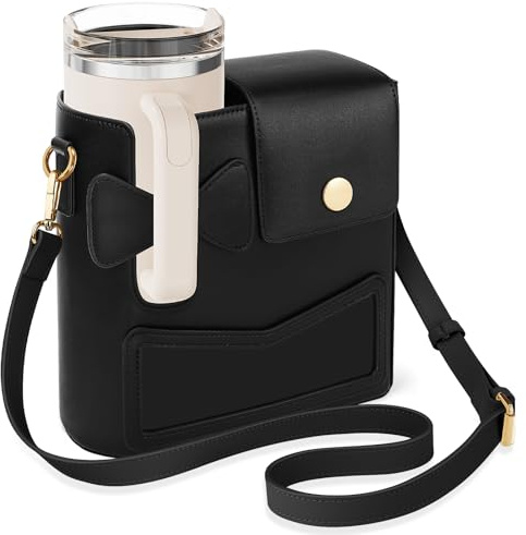 JYPS Water Bottle Crossbody Bag for Stanley Cup 40oz, Valentines Gifts for Her Outdoor Stanley Accessories with Adjustable Strap & Phone Pouch, Stanley Carrier Bag for Walking, Hiking,Travel (Black)