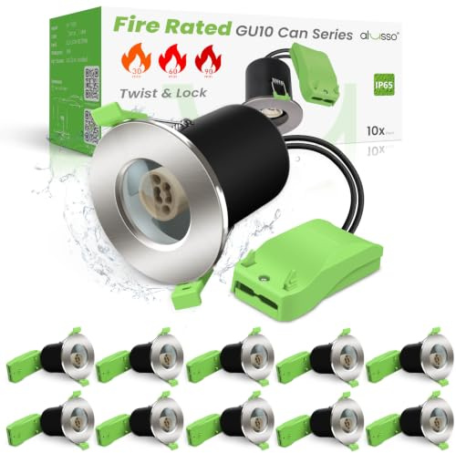 ALUSSO 10 Pack Fire Rated LED Downlight Can GU10 Recessed Ceiling Spotlight | Replaceable Fits GU10 Bulbs (Not Included), Twist&Lock Face Ring with Glass Stopper, IP65 Waterproof Bathroom Kitchen, Nickel