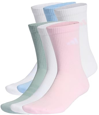 adidas Unisex CUSHIONED CREW SOCKS 6 PAIR PACK, white/clear pink/glow blue/Wonder Sage, 4.5-6