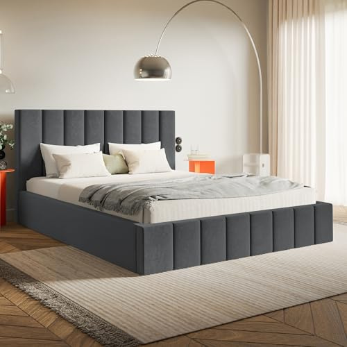 MOTIVENA Ibiza Bett 120x200 Grau Samt, mit Stauraum, mit Kopfteil, mit Lattenrost, ohne Füße, mit Matratze H2/H3, Polsterbett 120x200 mit Bettkasten Grau (Anthrazit)