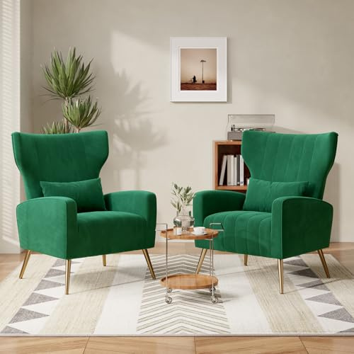 Hawthyhome 2er-Set Samt-Ohrensessel mit Kissen, Grün | 2er-Set; hohe Rückenlehnen; passende Kissen; goldene Metallbeine; Loungesessel für Wohnzimmer, Schlafzimmer & Leseecke