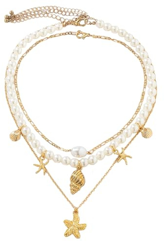 TAXTYHRE Muschelkette Damen, Perlen Geschichtete Halskette, Seestern Kette, Gold Seestern Anhänger, Sommer Strand Schmuck für Damen Mädchen