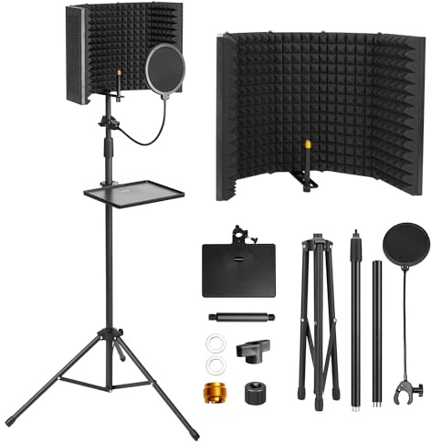 TIZECO Microphone Isolation Shield, Foam Protection with Pop Filter, Tripod Stand, Foldable Design