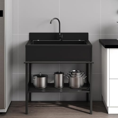 Fdzylyg Lavandino da Esterno,Lavello Cucina con Mobile,Lavabo Autoportante in Acciaio Inox,con Rubinetto,per Interni Esterni Ristorante Lavanderia Campeggio Giardino(86x51x94cm)