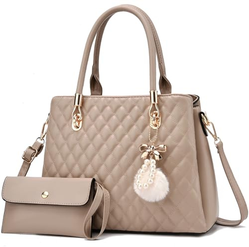 I IHAYNER Womens Leather Handbag and Wallet Set Top Handle Tote Satchel Shoulder Bag for Ladies with Pompom 2 Piece Purse Set-Khaki