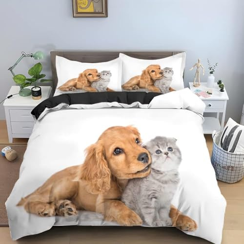 NUEYSP Bettwäsche 135x200 Katze und Hund Bettwäsche-Sets 3D-Motiv, Mikrofaser, 1 Bettbezug 135x200 + 1 Kissen 80x80 mit Verdecktem ReißVerschluss für Mädchen Jungen.