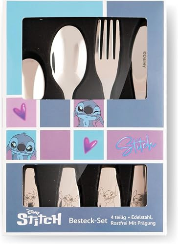 Stitch Kinderbesteck Set 4-teilig - Edelstahl rostfrei, spülmaschinengeeignet, in Geschenkverpackung - Messer, Gabel, 2 Löffel - Kinder Besteck, Esslern-Besteck für Kleinkinder
