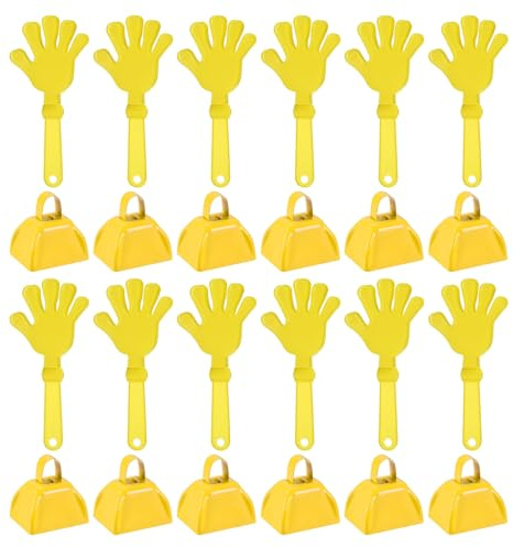 PATIKIL 12Pcs Cow Bells for Football Games, 3 Inch Cowbells for Sporting Events Bulk Loud Noise Makers Metal Cow Bell with 12Pcs Cheering Clappers for Cheering Graduation, Yellow