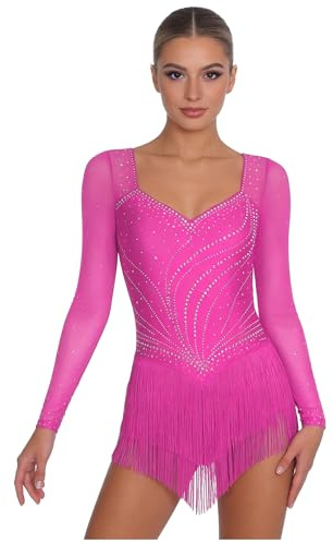 Jugaoge Damen Glitzer Eiskunstlauf Kleider Langarm Kürkleid Tanzkleider Dunkelrosa L