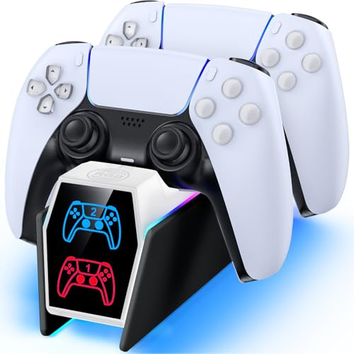 Caricatore per PS5 Controller con Cavo, Base di Ricarica per P5 e P5 Edge, 2,5H Riarica per PS5 Controller Compatibile con PS 5 Edge, Kit Accessori per Playstation 5 Console, Nero & Bianco