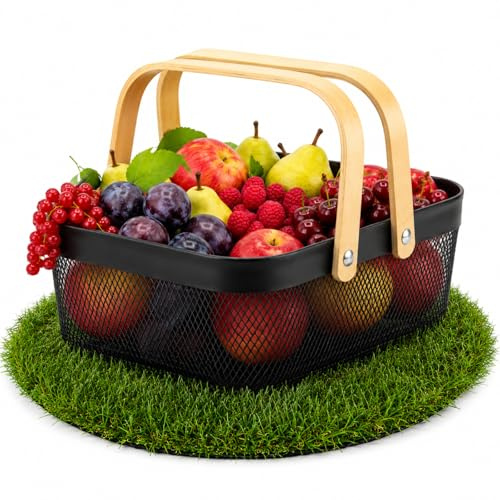 P!NKSHARK Drahtkorb mit Henkel, Metall Aufbewahrungskorb, Garten-Erntekorb für Obst Gemüse Kräuter, Mesh Korb für Küche Bad Regal Schrank, Picknickkorb, Schwarz, 33 x 25 x 12 cm