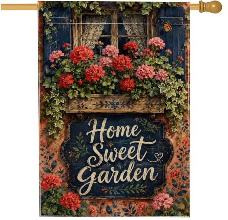 Bandiera per la casa dei gerani, rustica vintage finestra edera primavera rossa iuta doppia faccia portico anteriore bandiere decorative per esterni patio cortile prato ingresso balcone 71 x 101 cm