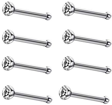 JEWELRIESHOP 40pcs Nose Studs Stainless Steel CZ Nose Rings Stud Piercing Jewelry Bone Studs for Women Men Hypoallergenic 22G (1.5mm, White CZ)