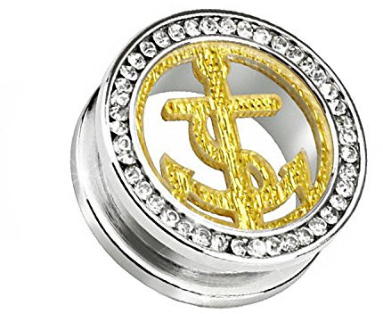 Piercingfaktor Flesh Schraub Tunnel Ohr Plug Ear Piercing Edelstahl Glitzer Kristall Strass Steinen Schraubverschluss Anker Inlay Silber Gold 18mm